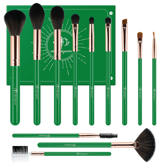 Professional 12-Piece Luxury Makeup Brush Set (Green)